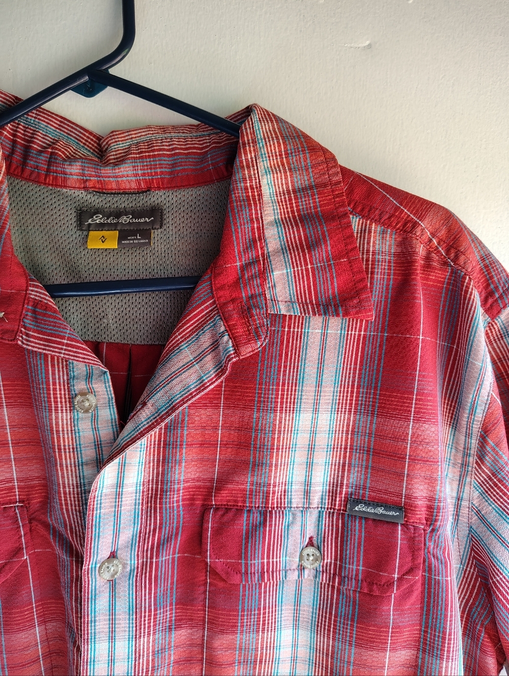 Eddie Bauer Red and Light Blue Plaid Shirt